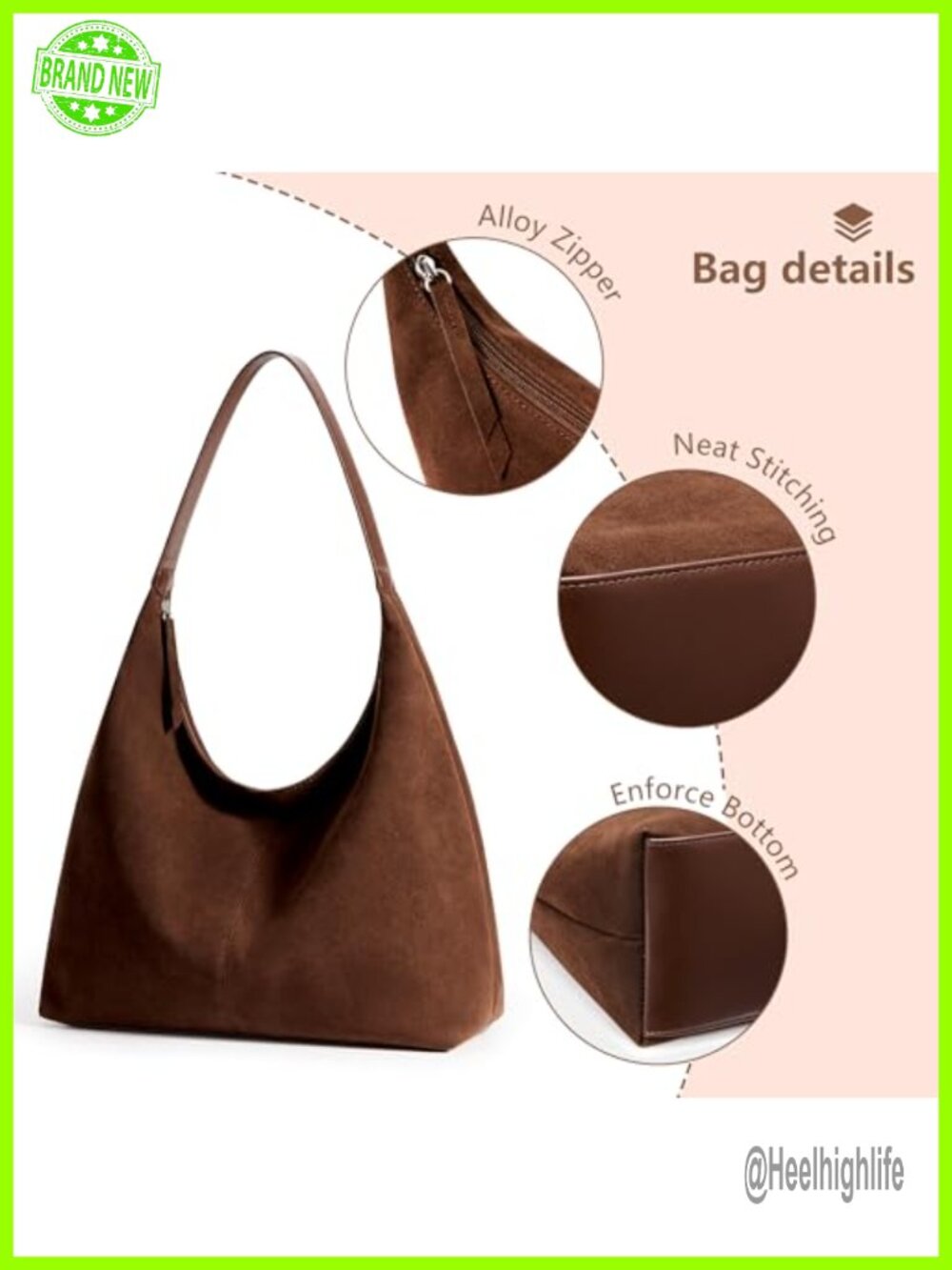 Slouchy Tote Bag Faux Suede Leather Crescent Hobo Zipper Casual - Picture 5 of 6